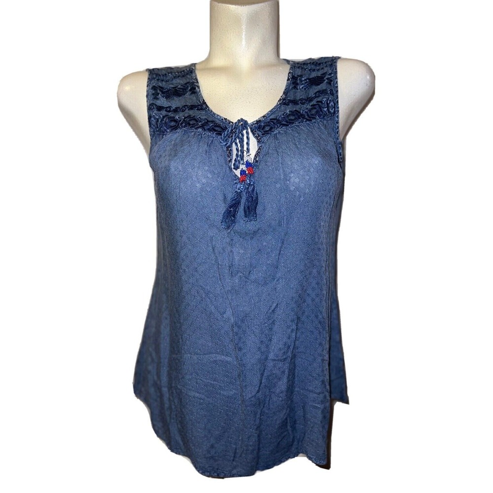New Solitaire by Ravi Ratan Blue Embroidered Tassel Boho Sleeveless Top Sz M NWT